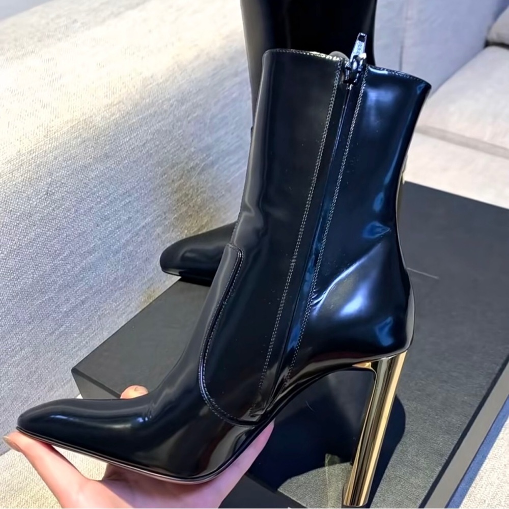 Saint Laurent Glossy Black Boots with Metallic Gold Heel
